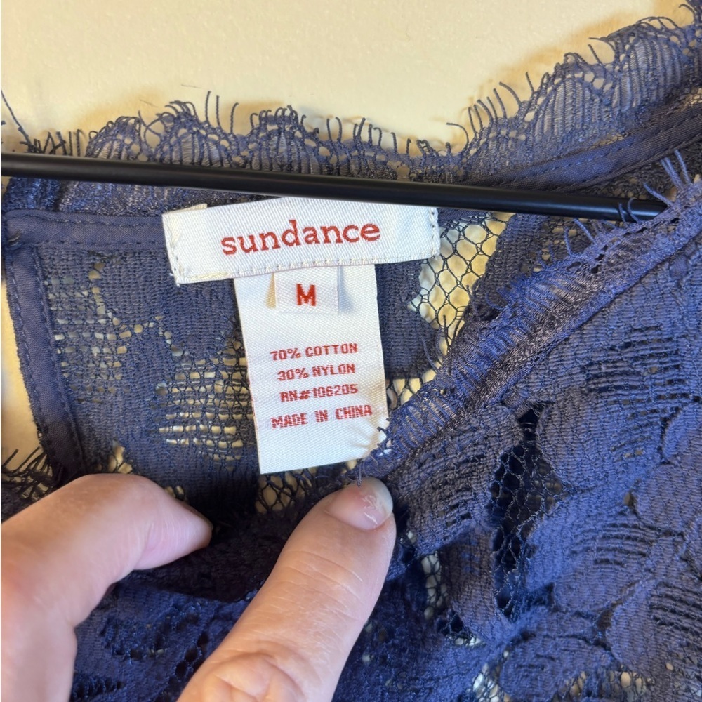 Sundance Navy Lace Blouse Top Rusched Elbow Length Sleeves Size Medium - Picture 2 of 4